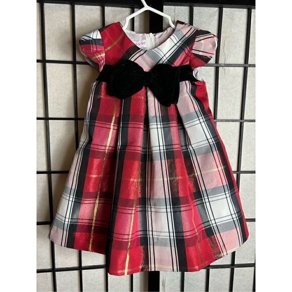 Bonnie Baby Checkered Print Short Sleeve Holiday Dress - Picture 2 of 5